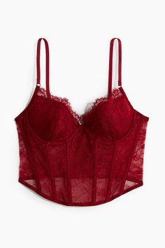 Bustier in lace. Adjustable shoulder straps  padded  underwire cups for shaping and good support  and boning at front and sides for shaping and support. Wide section at back with hook-and-eye fastening. Lined at front. Red Corset, Black Lace Top, Red Bra, Gilly Hicks, Lace Bustier, Maternity Swimwear, Cardigan Sweater Jacket, Womens Bras, Bustiers