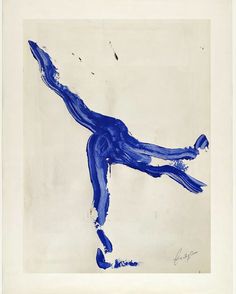 a drawing of a person with blue paint on it's body and legs, reaching for a ball