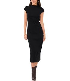 Vince Camuto Mock Neck Cap Sleeve Ribbed Knit Midi Sheath Dress | Dillard's Solid High Neck Bodycon Dress For Work, Sleek Fitted Ribbed Bodycon Dress, Stretch Sheath Midi Dress With Flattering Silhouette, Ribbed Fitted Elastane Dresses, Fitted Ribbed Elastane Dress, High Neck Ribbed Dress For Work, Casual Fitted High Neck Midi Dress, Stretch Elastane Bodycon Dress For Work, Stretch Sheath Midi Dress For Work