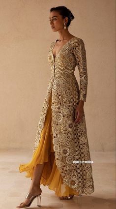 Wedding Guest Indian Outfit, Traditional Jackets For Women Indian, Indian Cocktail Outfits For Women, Gold Dress With Sleeves, Indian Outfits Modern, Floral Cutwork, Gown Chiffon, Ruffled Gown