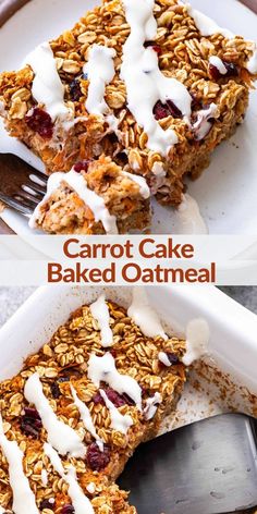 two pictures of carrot cake baked oatmeal with yogurt drizzled on top