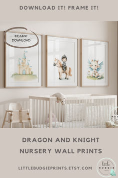 This set of 3 watercolor fantasy themed nursery prints, perfect for any little boy or baby room. These prints features an adorable cuddly dragon holding a daisy, and boy knight and his trusty steed and the castle to protect. Soft colors that will match any home decor style.
These are sure to bring happiness and playfulness to your little ones space. Blue Boys Room, Fantasy Room, Boys Room Blue, Castle Wall Art, Boy Nursery Themes, Fantasy Rooms