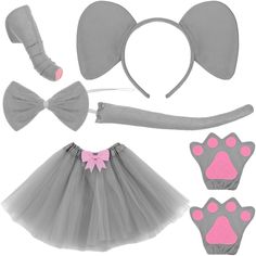 a set of costumes including a tutu skirt, headbands and paw prints