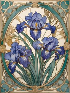 a painting of blue irises in an art nouveau style frame with swirls and scrolls