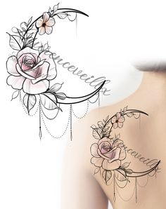 the back of a woman's shoulder with flowers and moon tattoos on her chest