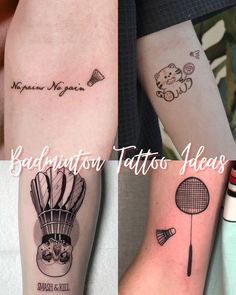 three different tattoos on both arms and legs, one with an image of a tennis racquet