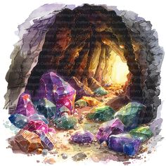 an artistic painting of rocks and crystals in a cave with light coming from the entrance