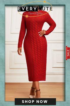 Red Long Sleeve Round Neck Bodycon Dress Red Bodycon Dress For Winter, Red Stretch Bodycon Dress For Winter, Red Stretch Bodycon Winter Dress, Fitted Red Sweater Dress For Winter, Red Non-stretch Winter Dress, Red Knee-length Bodycon Dress For Winter, Winter Non-stretch Solid Color Bodycon Dress, Non-stretch Solid Color Winter Bodycon Dress, Casual Red Bodycon Dress For Winter