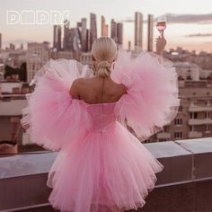 Fluffy Tulle Cute Women Formal Occasion Dresses Knee Length Prom Gown Pink Girls Short Prom Party Pink Prom Gown, Pink A Line Dress, Tulle Tutu Dress, Plisse Dress, Dress With Puffy Sleeves, A Line Cocktail Dress, Formal Occasion Dress, Dress Sleeves, Flower Fabric