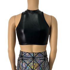 High-neck cutout crop top with sexy keyhole front. This top fits men or women for a unisex rave style. Made of 4-way stretch spandex. We can make this top in any of our 60+ fabrics if you request it in the personalization box! Please refer to the Women's size chart with your chest/bust measurement for sizing. High Stretch Cropped Party Tops, High Stretch Cropped Tops For Party, Stretch Punk Club Tops, Stretch Punk Style Club Tops, Stretch Punk Tops For Club, Punk Stretch Tops For Club, High Stretch Black High Neck Crop Top, Edgy Stretch Crop Top, Stretch High Neck Crop Top For Party