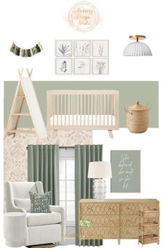 a baby's nursery room with green and white decor, including a crib