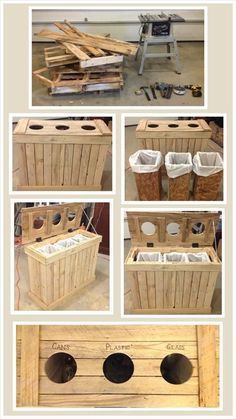 several pictures of wooden crates with holes in the top and bottom one is made out of wood