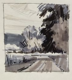 an ink drawing of trees on the side of a road