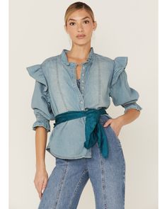 Free People Women's Louise Denim Top, Blue Chic Washed Denim Top For Fall, Spring Washed Button-up Jeans, Casual Medium Wash Denim Top For Spring, Washed Blue Denim Top For Fall Day Out, Trendy Medium Wash Tops For Spring, Relaxed Fit Trendy Denim Top For Spring, Trendy Relaxed Fit Denim Top, Chic Light Wash Denim Top For Fall, Chic Button-up Denim Top For Fall