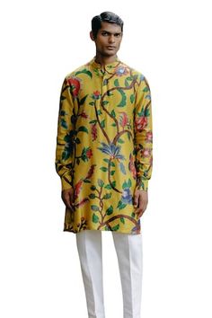 Sunflower yellow kurta featuring floral veil print all over with cuff sleeves. Paired with a solid white pant. - Aza Fashions Floral Print Long Sleeve Traditional Wear For Festivals, Long Sleeve Floral Print Traditional Wear For Festivals, Festivals Long Sleeve Floral Print Traditional Wear, Fitted Long Sleeve Traditional Wear With Floral Print, Yellow Floral Print Traditional Wear For Festive Occasions, Festive Yellow Kurta With Floral Print, Yellow Printed Kurta For Spring, Yellow Floral Print Kurta For Diwali, Yellow Floral Print Kurta For Festive Occasions