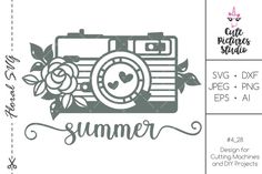 an image of a camera with flowers on it and the word summer written in cursive