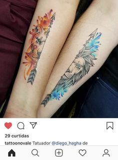 two people with matching tattoos on their arms