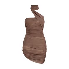 a women's brown dress with an asymmetrical twist on the side