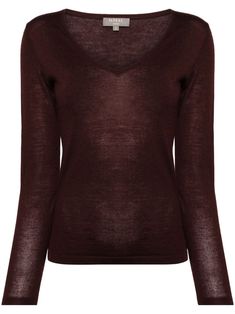 coffee brown cashmere-silk blend fine knit V-neck long sleeves straight hem Fall Winter Fashion Trends, Brown Long Sleeve Shirt, Tight Sweater, Brown Long Sleeve, Versace Outfit, Yoko London, Knitted Tops, Coffee Brown, Lady Dior