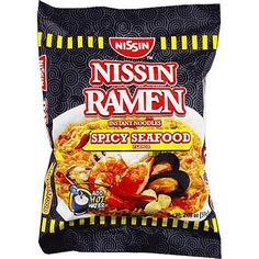 a bag of nissin ramen instant noodles spicy seafood flavored with seaweed