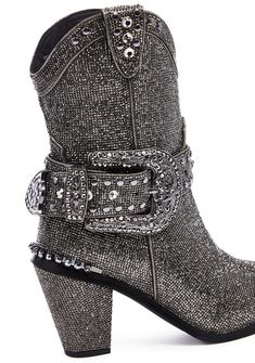 cuz you don't commit any fashion felonies! Be above the law in these blingin' rhinestone cowboy boots that have pointed toes, side zip closures, and detachable studded buckle straps. Western Style Party Boots With Bling, Western Party Boots With Rhinestone Rivets, Western Party Boots With Rhinestones, Western Rhinestone Party Boots, Western Style Party Boots With Rhinestones, Western Boots With Rhinestone Fringe For Fall, Western Rhinestone Fringe Boots For Fall, Western Snip Toe Boots With Rhinestones, Western Boots With Rhinestones And Snip Toe