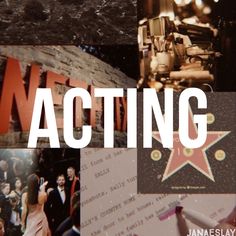 the words acting are surrounded by images of people and stars in black and white colors