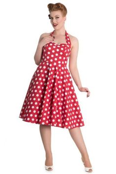 Hell Bunny Marian Red and White Polka Dot Halter Flare Party Dress Long Circle Skirt, Navy Polka Dot Dress, 60's Style, Red Cocktail Dress, Pin Up Dresses, White Polka Dot Dress, Rockabilly Dress, Full Circle Skirts, Vintage Style Dresses