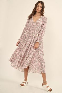 Pink floral print boho long sleeve tiered midi dress Curvy Date Night Outfit, Air Clothes, Floral Boho Dress, Crepe Midi Dress, Valentines Day Dresses, Boho Floral Dress, Pink Floral Print, Valentine's Day Outfit, Prairie Dress