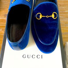 Gucci Velvet Loafers Size 37 Royal Blue Barely Used Gucci Blue Formal Loafers, Designer Blue Loafers With Round Toe, Designer Blue Loafers For Galas, Gucci Leather Shoes, Black Gucci Shoes, Gucci Moccasins, Red Loafers, Gucci Floral, Black Leather Mules