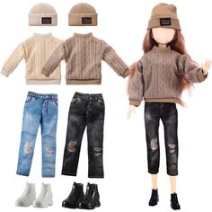 the doll is wearing jeans and a sweater with ripped knees, black boots, and a beanie