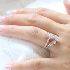 Marquise Moissanite Ring Rose Gold Halo Diamond Ring V Wedding Band | La More Design Halo Diamond Ring Set, Diamond Alternative Engagement Ring, Rose Gold Moissanite Ring, Wedding Ring Shapes, Black Diamond Studs, Moissanite Ring Set, Halo Diamond Earrings, Rose Gold Halo, Black Diamond Earrings