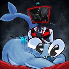 a drawing of a person sitting on top of a blue whale with a red hat