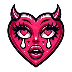 a pink heart with horns and tears on it