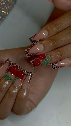 arcylic nails Cherry Nails With Gems, Cherry Leapord Nails, Cherry Inspo Nails, Cherry Lepord Nails, Red With Cheetah Print Nails, Red Leapord Print Nail