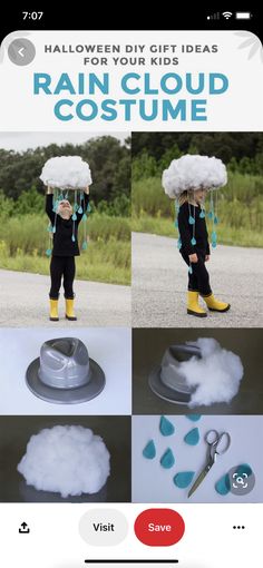 a child in rain boots is holding an umbrella over their head and clouds are floating around