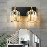 Vanity With Black Countertop, 2 Light Bathroom Vanity Light, Simple Vanity, Crystal Vanity, Crystal Bathroom, Candelabra Chandeliers, Vanity Light Fixtures