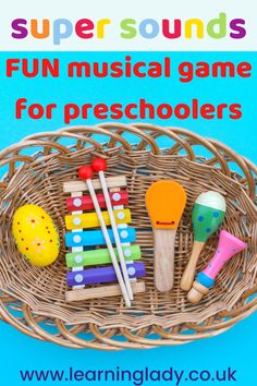 a basket filled with wooden toys sitting on top of a blue background and the words fun music game for preschoolers