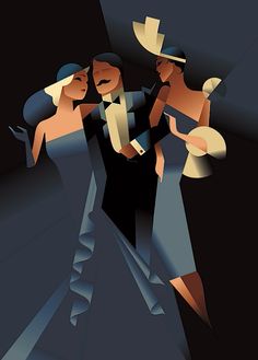 two women dressed in blue and black dancing with hats on their heads, against a dark background