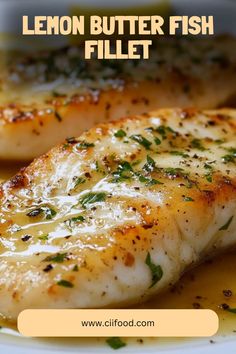 lemon butter fish fillet on a white plate with text overlay that reads, lemon butter fish fillet