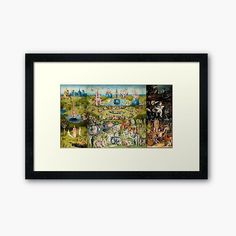 the garden of eden framed art print with black frame on white wall above it is an illustration of people and animals