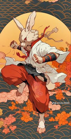 an anime character is doing karate in front of a full moon with flowers on it