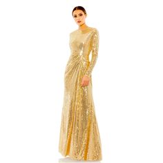 Bring On The Shine! This Hand-Sequined Gown Is A Fashion-Forward Choice For Any Formal Affair. With A High Round Neckline, Long Sleeves, And A Floor-Grazing Skirt, This Modest Silhouette Is Accented By A Draped Skirt And Inset Waist Detail. Sleeves Feature Hidden Zippers For Ease Of Dressing. Size 14 Gold. - Mac Duggal - Hand-Sequined Fabric (100% Polyester) - Concealed Back Zipper - High Neckline - Long Sleeves - Approx. 62.5" From Top Of Shoulder To Bottom Hem - Style #10824 Note: The Dress Is Glamorous Sequined Evening Mother Of The Bride Dress, Glamorous Evening Mother Of The Bride Dress With Sequins, Holiday Gala Mother Of The Bride Dress With Sequins, Glamorous Sequin Mother Of The Bride Dress For Gala, Gold Evening Gown With Sequins, Gold Sequined Gown For Evening Events, Sequined Floor-length Dress For Gala, Gold Gown With Sequins For Evening, Glamorous Mother Of The Bride Dress With Sequins