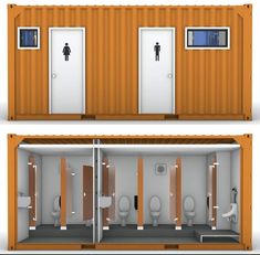 two pictures of the inside and outside of a toilet stall, with stalls on each side