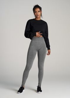 About Our Extra-Long Women’s Leggings These tall leggings will help you take your workout to the next level. Finding leggings that are long enough can be a struggle, which is why we set out to design leggings for tall women between 5’9” and 6’6”. All of our legging styles have extra-long inseams that will go all the way to your ankles and this pair is no exception. They’re super long and are designed to help you maximize your sweat sesh, made of a four-way stretch material that moves better in e Gray Leggings Outfit Casual, Gray Leggings Outfit, Leggings Outfit Workout, Grey Leggings Outfit, Sport Fits, Black Leggings Style, Tall Leggings, Dark Grey Leggings, Women In Black