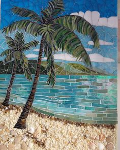 a painting of a palm tree on the beach