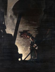 a painting of a man standing next to a fire hydrant in a dark room