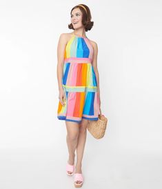 Retro & Vintage Rainbow Striped Shift Dress | Unique Vintage Black Women Business Attire, Women Business Attire, Fall Festival Outfit, Outfit Shein, Business Attire Women, Italian Dress, Striped Shift Dress, Dress Unique, Rainbow Dress