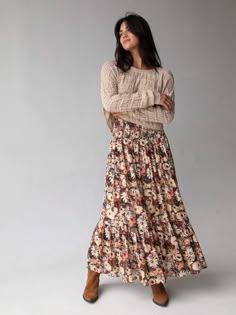 Flora Convertible Skirt - Brown Navy Floral-view 1 Maxi Dresses For Fall, Pink Outfits Work, Fall Outfits Women Thrifted, Long Brown Skirts, Women’s Fashion For 2024, Crop Top And Maxi Skirt, Maxi Skirt Over 50, Floral A Line Skirt, Comfy Fall Clothes