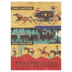 an old poster shows people riding horses and carriages