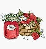 a drawing of strawberries and jam in a basket